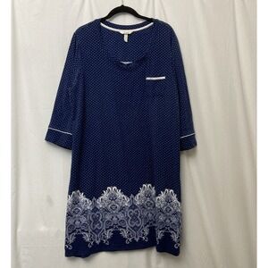 Soma Blue w/White Polka Dots & Damask Bottom 3/4 Sleeve Pocket Nightgown - SZ XL